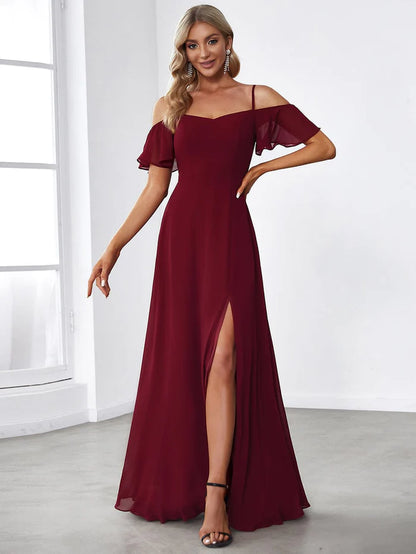 Wholesa Stylish Cold-Shoulder Floor Length Bridesmaid Dress with Side Slit