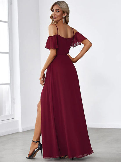 Wholesa Stylish Cold-Shoulder Floor Length Bridesmaid Dress with Side Slit