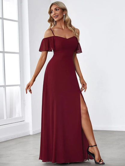 Wholesa Stylish Cold-Shoulder Floor Length Bridesmaid Dress with Side Slit