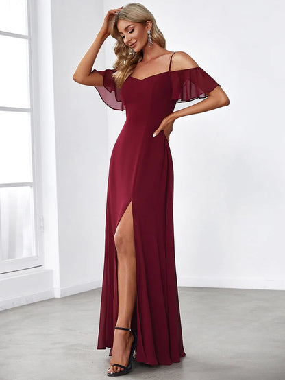 Wholesa Stylish Cold-Shoulder Floor Length Bridesmaid Dress with Side Slit