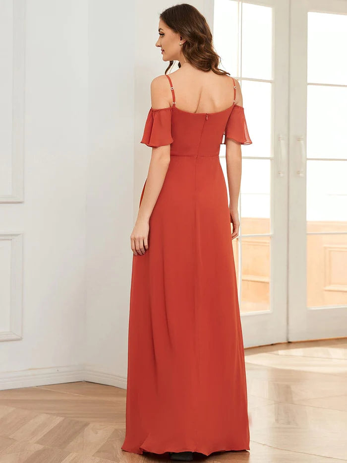 Wholesa Stylish Cold-Shoulder Floor Length Bridesmaid Dress with Side Slit