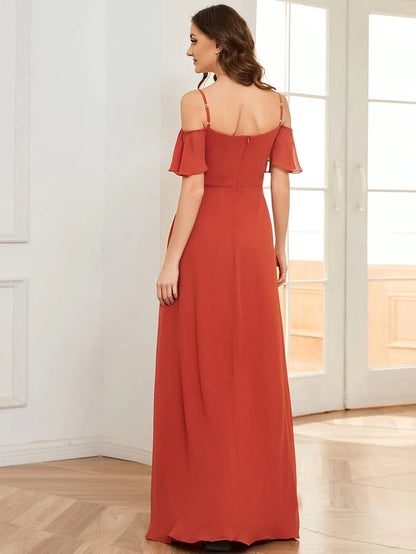 Wholesa Stylish Cold-Shoulder Floor Length Bridesmaid Dress with Side Slit