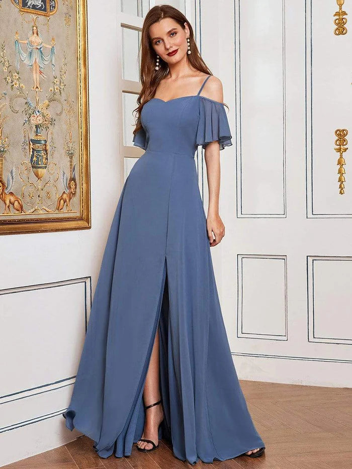 Wholesa Stylish Cold Shoulder Flare Sleeves Flowy Bridesmaid Dress