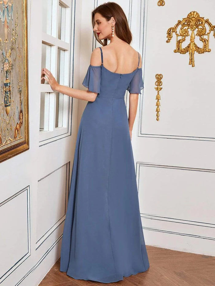 Wholesa Stylish Cold Shoulder Flare Sleeves Flowy Bridesmaid Dress