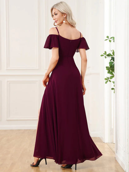 Wholesa Stylish Cold-Shoulder Floor Length Bridesmaid Dress with Side Slit