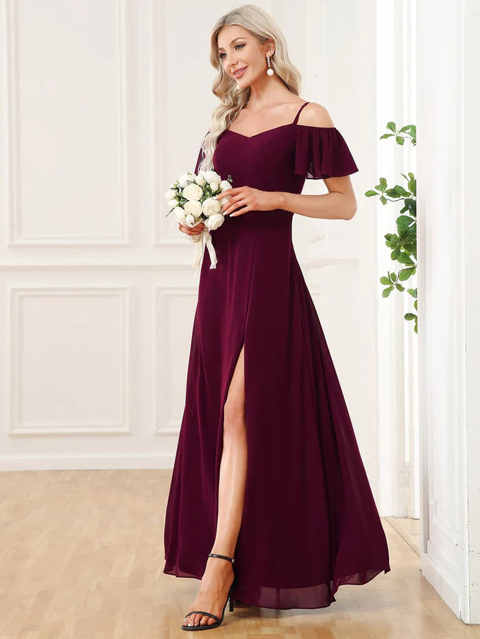 Wholesa Stylish Cold-Shoulder Floor Length Bridesmaid Dress with Side Slit