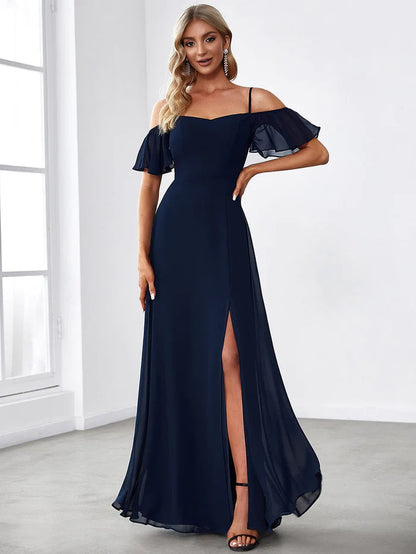 Wholesa Stylish Cold-Shoulder Floor Length Bridesmaid Dress with Side Slit