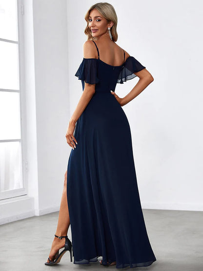 Wholesa Stylish Cold-Shoulder Floor Length Bridesmaid Dress with Side Slit