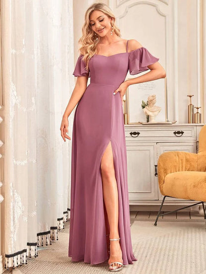 Wholesa Stylish Cold-Shoulder Floor Length Bridesmaid Dress with Side Slit