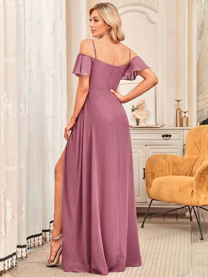 Wholesa Stylish Cold-Shoulder Floor Length Bridesmaid Dress with Side Slit