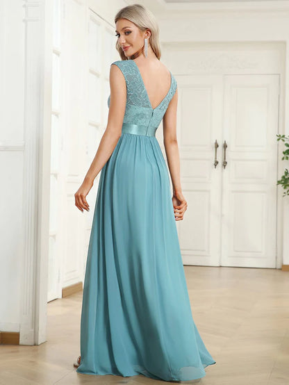 Wholesa Classic Round Neck Backless Lace Bodice Bridesmaid Dress