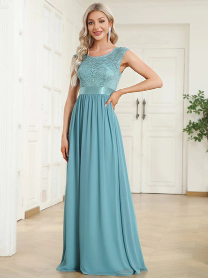 Wholesa Classic Round Neck Backless Lace Bodice Bridesmaid Dress