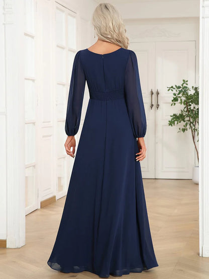 Wholesa Chiffon Long Sleeve Pleated Floor Length Bridesmaid Dress