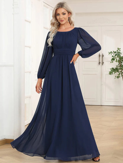 Wholesa Chiffon Long Sleeve Pleated Floor Length Bridesmaid Dress