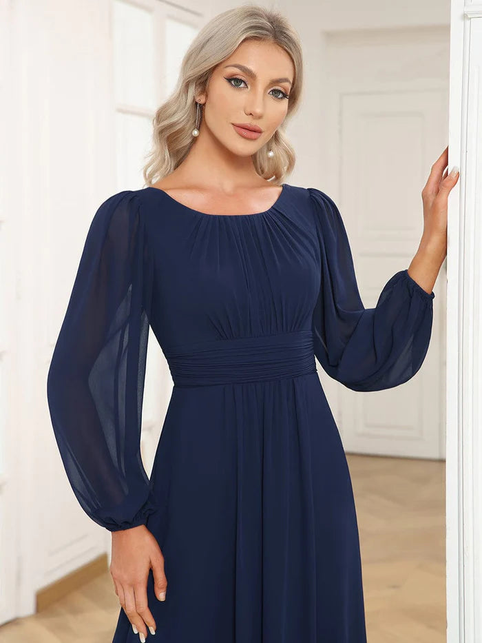 Wholesa Chiffon Long Sleeve Pleated Floor Length Bridesmaid Dress