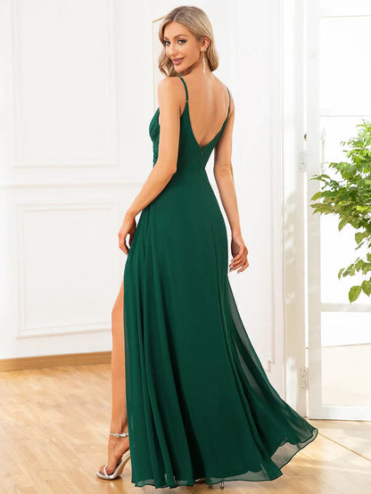 Wholesa Spaghetti Strap Pleated V-Neck High Slit Bridesmaid Dress