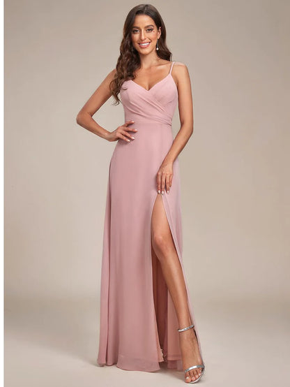 Wholesa Spaghetti Strap Pleated V-Neck High Slit Bridesmaid Dress