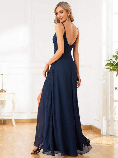 Wholesa Spaghetti Strap Pleated V-Neck High Slit Bridesmaid Dress