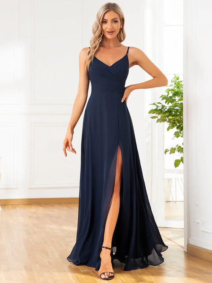 Wholesa Spaghetti Strap Pleated V-Neck High Slit Bridesmaid Dress