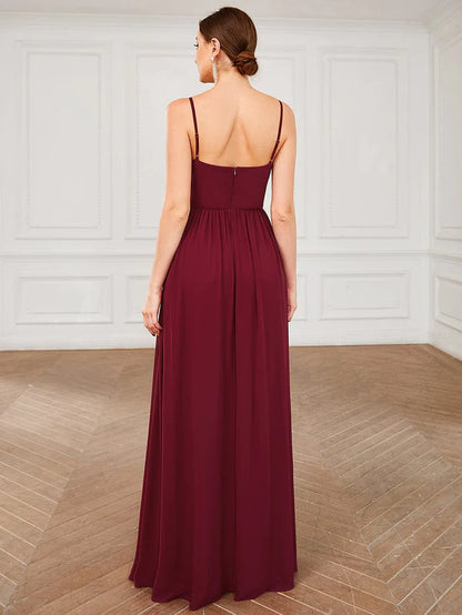 Wholesa Spaghetti Strap V-Neck Pleated Floor Length Bridesmaid Dress