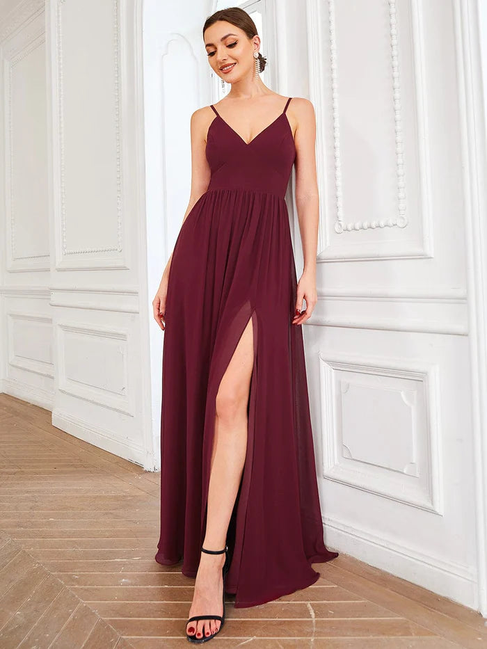 Wholesa Spaghetti Strap V-Neck Pleated Floor Length Bridesmaid Dress