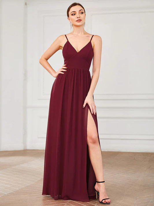 Wholesa Spaghetti Strap V-Neck Pleated Floor Length Bridesmaid Dress