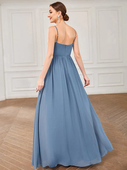 Wholesa Spaghetti Strap V-Neck Pleated Floor Length Bridesmaid Dress