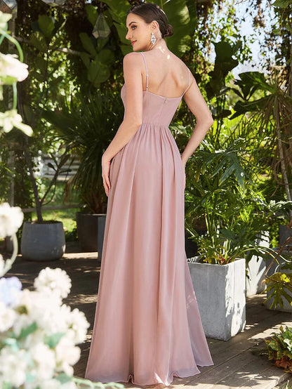 Wholesa Spaghetti Strap V-Neck Pleated Floor Length Bridesmaid Dress