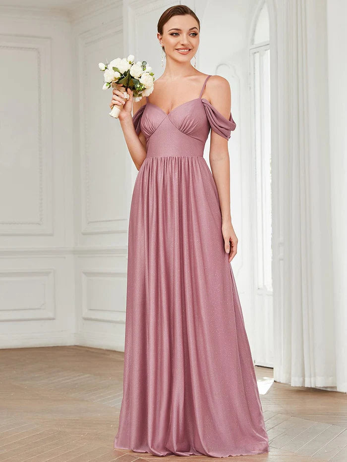 Wholesa Cold Shoulder Draped Sleeve Floor-Length Bridesmaid Dress