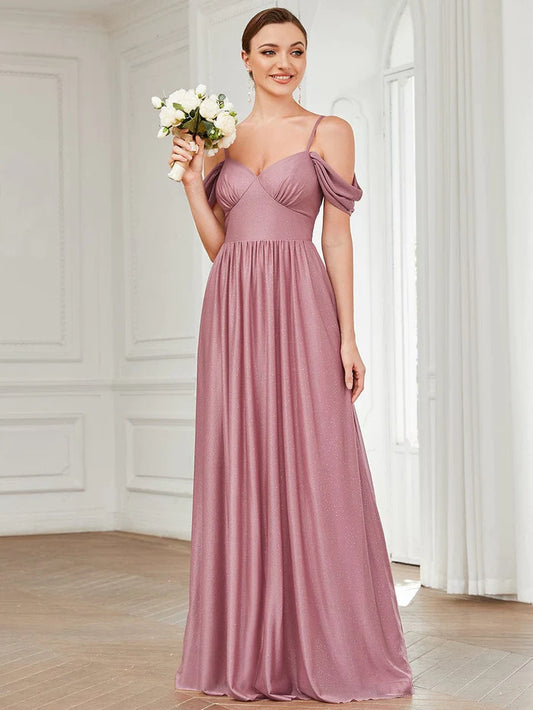 Wholesa Cold Shoulder Draped Sleeve Floor-Length Bridesmaid Dress