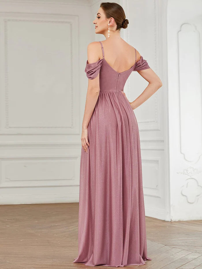 Wholesa Cold Shoulder Draped Sleeve Floor-Length Bridesmaid Dress