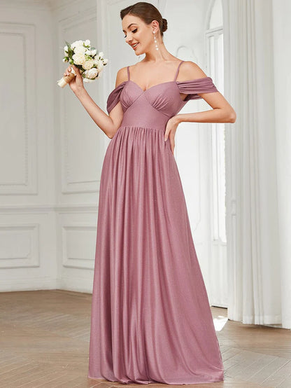 Wholesa Cold Shoulder Draped Sleeve Floor-Length Bridesmaid Dress