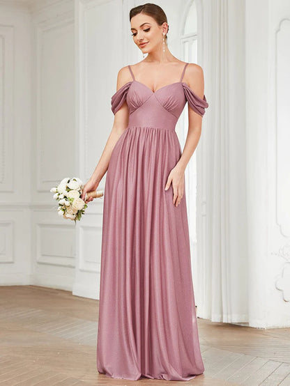 Wholesa Cold Shoulder Draped Sleeve Floor-Length Bridesmaid Dress