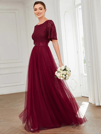 Wholesa Lace Short Sleeve Bodycon A-line Tulle Bridesmaid Dress