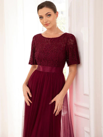 Wholesa Lace Short Sleeve Bodycon A-line Tulle Bridesmaid Dress