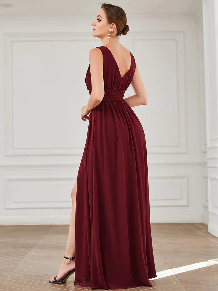 Wholesa V-Neck Sleeveless Front Slit Pleated Chiffon Bridesmaid Dress