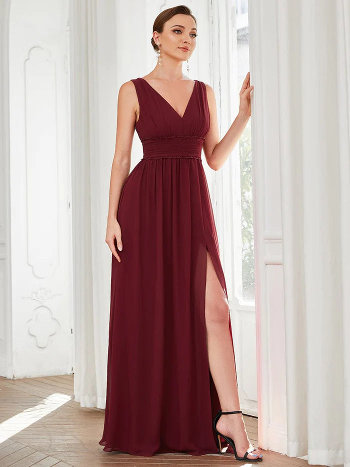 Wholesa V-Neck Sleeveless Front Slit Pleated Chiffon Bridesmaid Dress