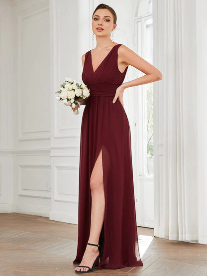 Wholesa V-Neck Sleeveless Front Slit Pleated Chiffon Bridesmaid Dress