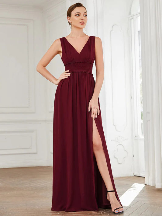 Wholesa V-Neck Sleeveless Front Slit Pleated Chiffon Bridesmaid Dress