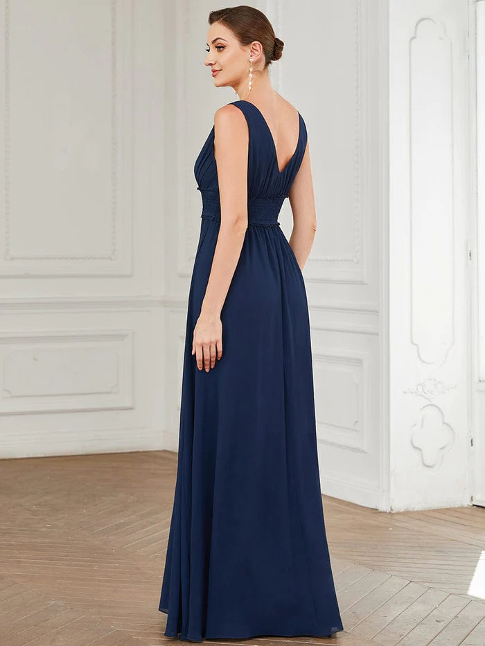 Wholesa V-Neck Sleeveless Front Slit Pleated Chiffon Bridesmaid Dress