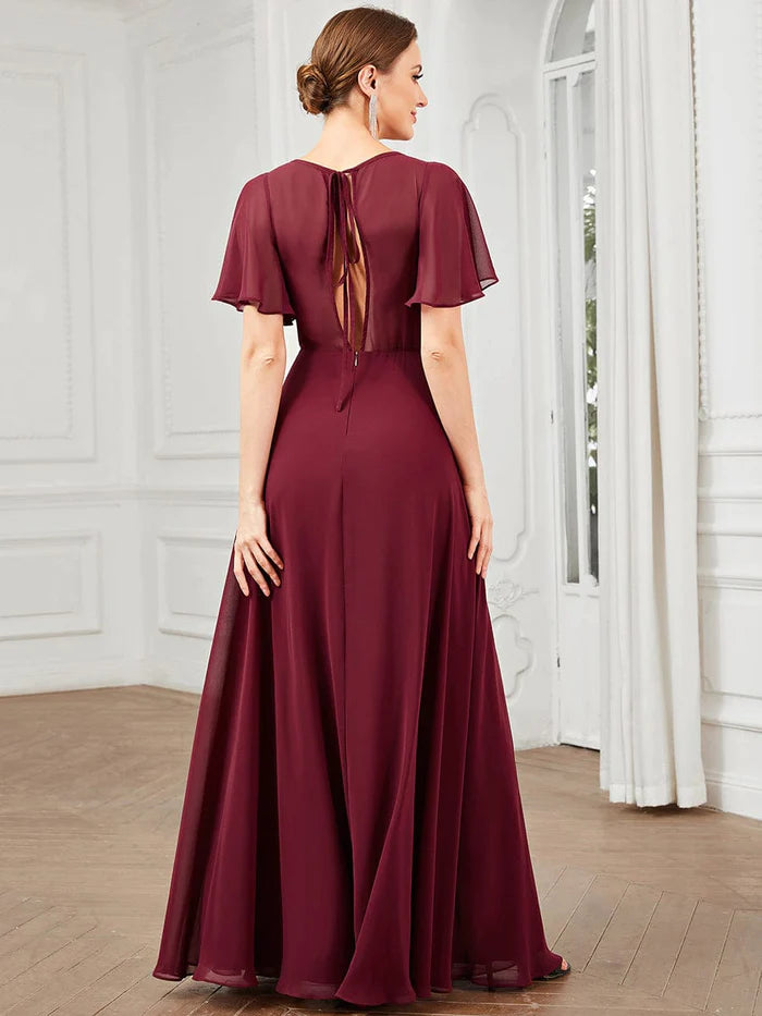 Wholesa Chiffon Tie-Back Keyhole Short Sleeve A-line Bridesmaid Dress