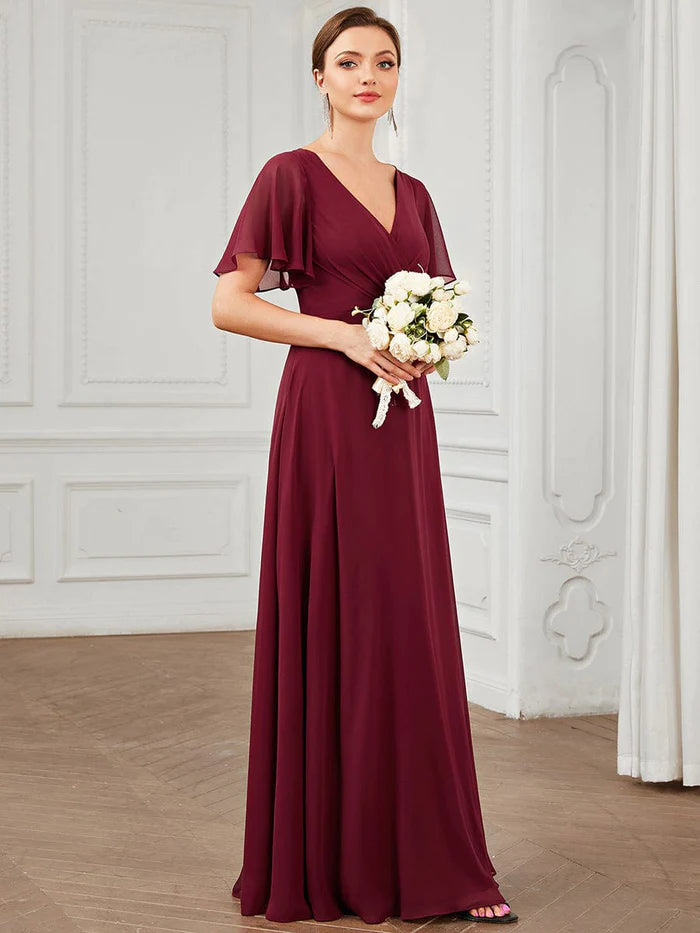 Wholesa Chiffon Tie-Back Keyhole Short Sleeve A-line Bridesmaid Dress