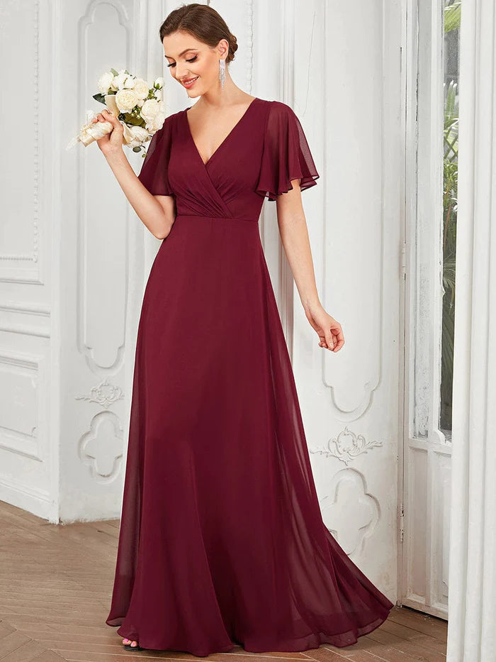 Wholesa Chiffon Tie-Back Keyhole Short Sleeve A-line Bridesmaid Dress