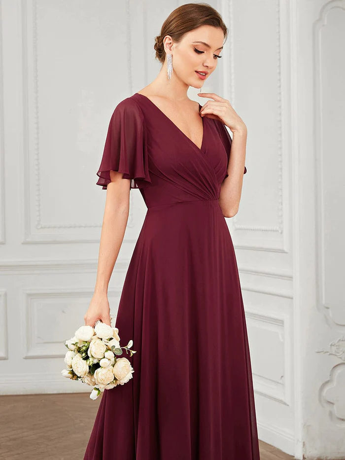 Wholesa Chiffon Tie-Back Keyhole Short Sleeve A-line Bridesmaid Dress