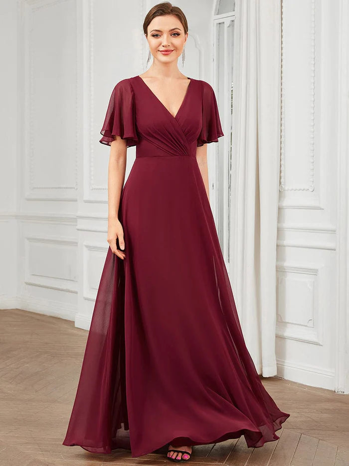 Wholesa Chiffon Tie-Back Keyhole Short Sleeve A-line Bridesmaid Dress