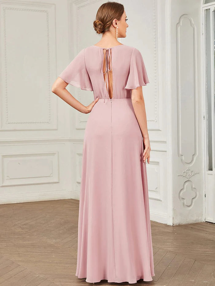 Wholesa Chiffon Tie-Back Keyhole Short Sleeve A-line Bridesmaid Dress