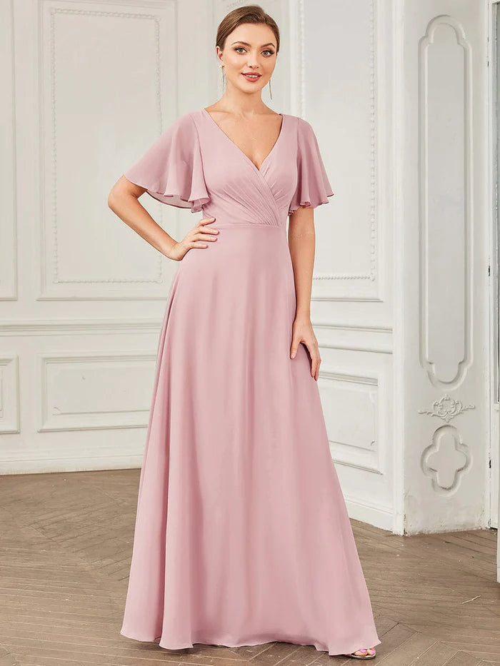 Wholesa Chiffon Tie-Back Keyhole Short Sleeve A-line Bridesmaid Dress