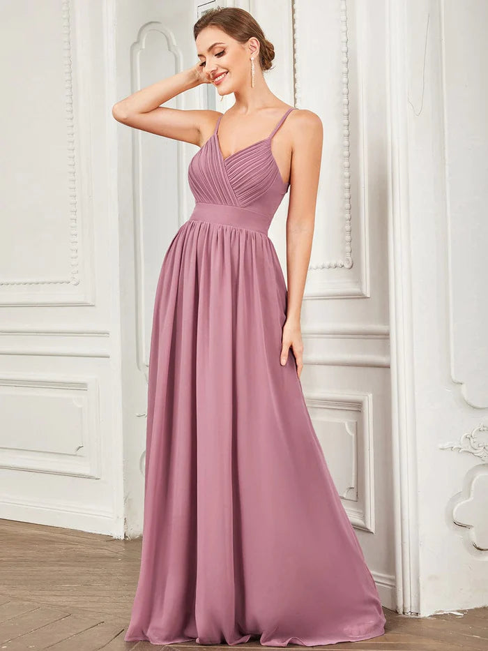 Wholesa Chiffon V-Neck Pleated Spaghetti Strap A-Line Bridesmaid Dress