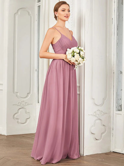 Wholesa Chiffon V-Neck Pleated Spaghetti Strap A-Line Bridesmaid Dress