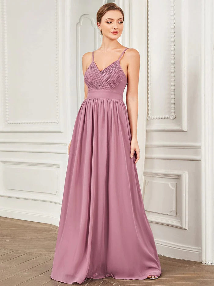 Wholesa Chiffon V-Neck Pleated Spaghetti Strap A-Line Bridesmaid Dress